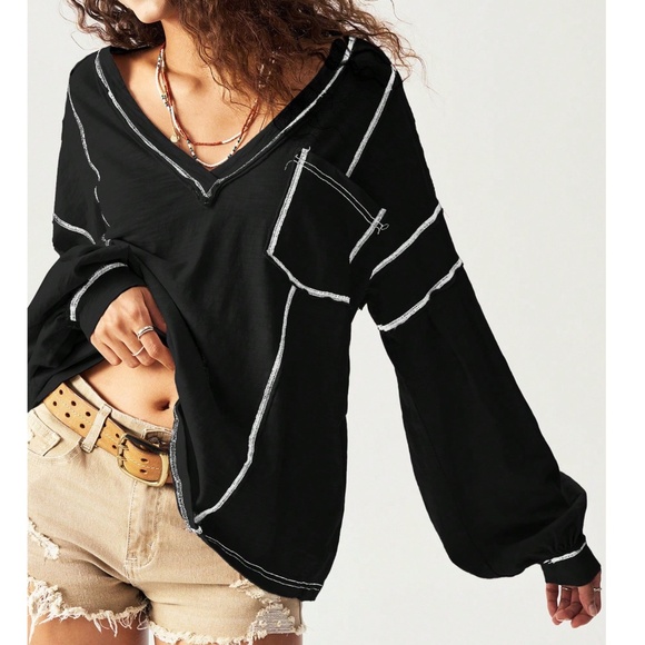 Solid V neck Reverse Stitch Pockets Oversized Long Sleeve Top - Picture 4 of 10